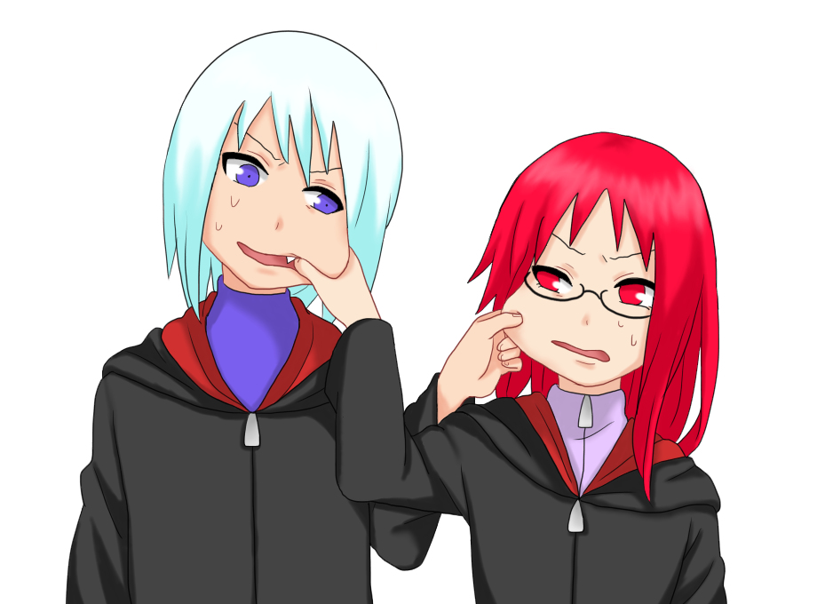 akatsuki_uniform, annoyed, cloak, finger_in_another's_mouth, glasses, hoozuki_suigetsu, karin_(naruto), looking_at_another, naruto_(series), naruto_shippuuden, part_of_a_set, pinching_cheek, purple_eyes, purple_shirt, red_eyes, red_hair, shirt, sweatdrop, white_background, white_hair, 薄焼き