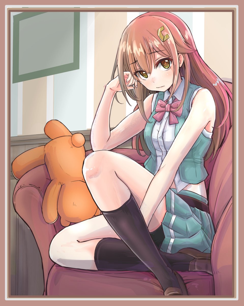1girl, bare_shoulders, black_socks, breasts, couch, highres, hololive, kneehighs