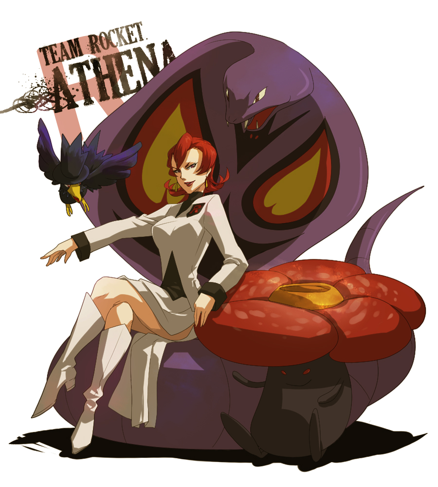 1girl, arbok, ariana_(pokemon), boots, character_name, crossed_legs, dress, english_text