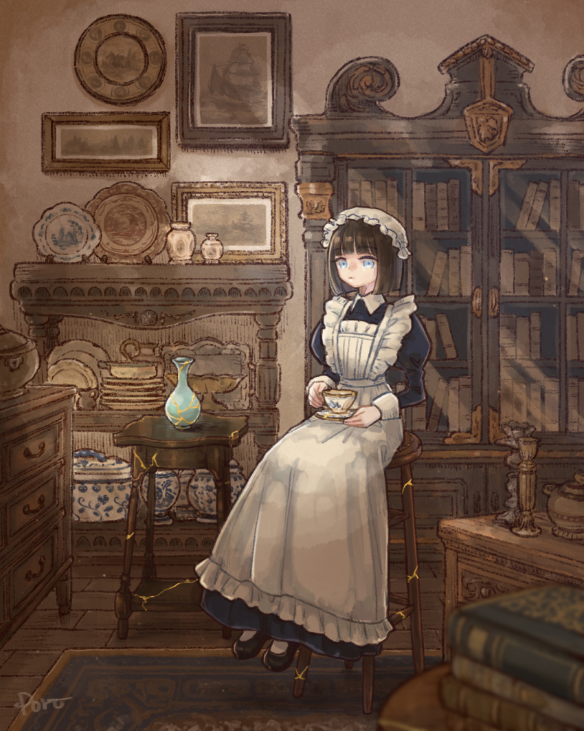 1girl, absurdly_detailed_composition, apron, black_dress, bonnet, book, bookshelf, brown_hair