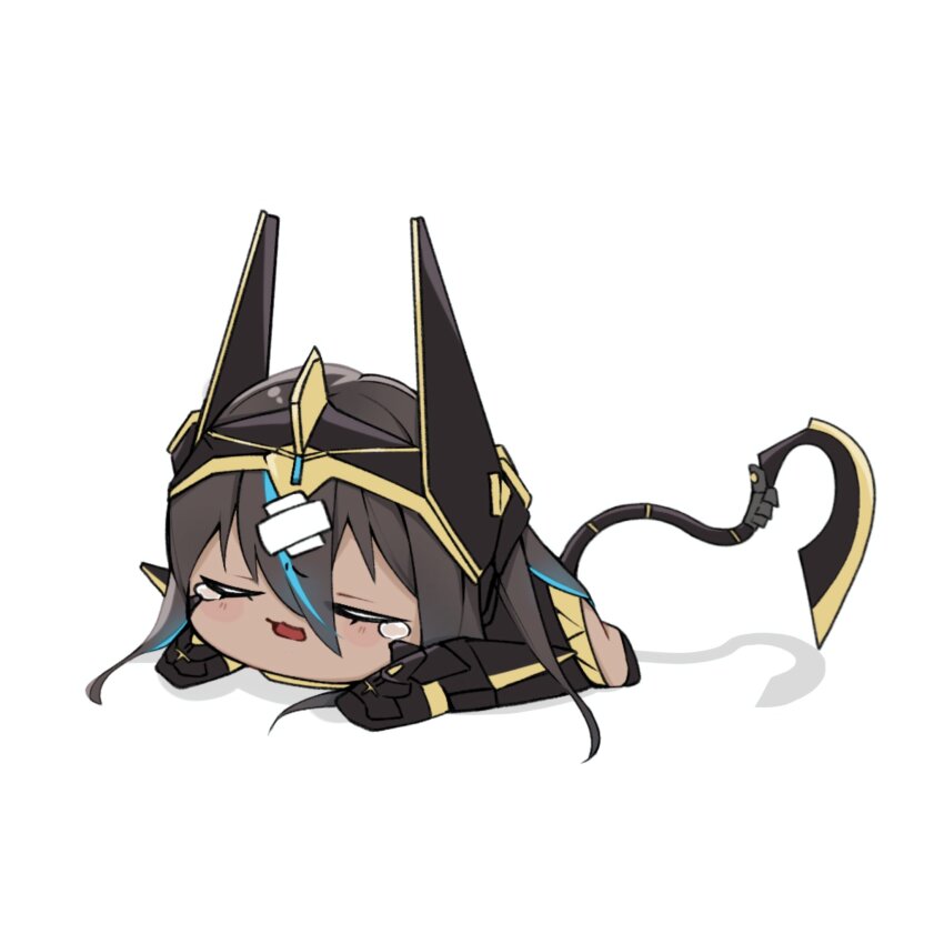 1girl, arm_armor, armor, armored_gloves, black_hair, blue_hair, blush, chibi