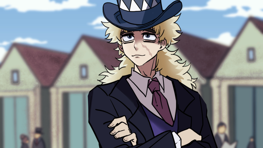 1boy, :3, absurdres, blonde_hair, blue_eyes, blue_sky, checkered_clothes, checkered_hat