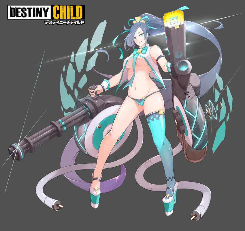 1girl, asymmetrical_dual_wielding, bare_shoulders, bikini, bikini_bottom_only, blue_eyes, breasts, character_request