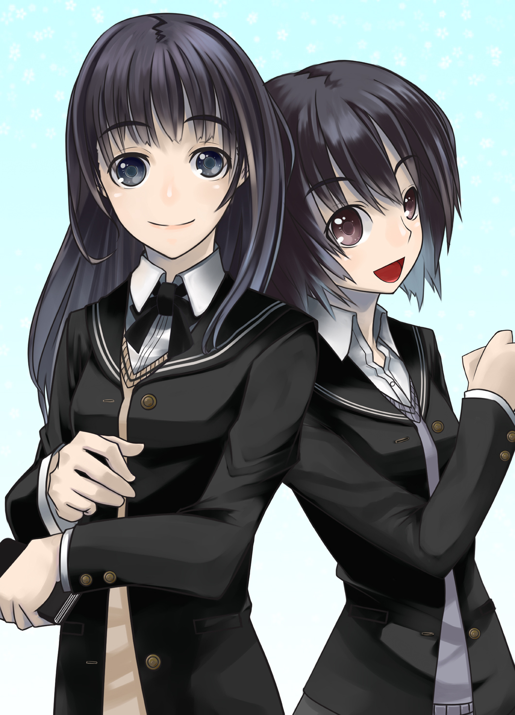 amagami, ayatsuji_tsukasa, black_eyes, black_hair, brown_eyes, highres, long_hair, nanasaki_ai, school_uniform, short_hair, yuuzuki_(natsulain)