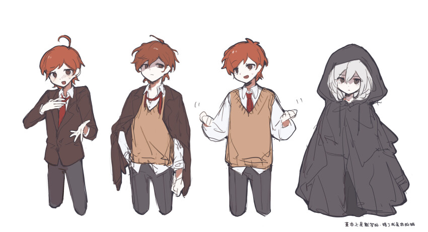 1other, 3boys, ahoge, androgynous, black_cloak, black_hood, blazer, blush