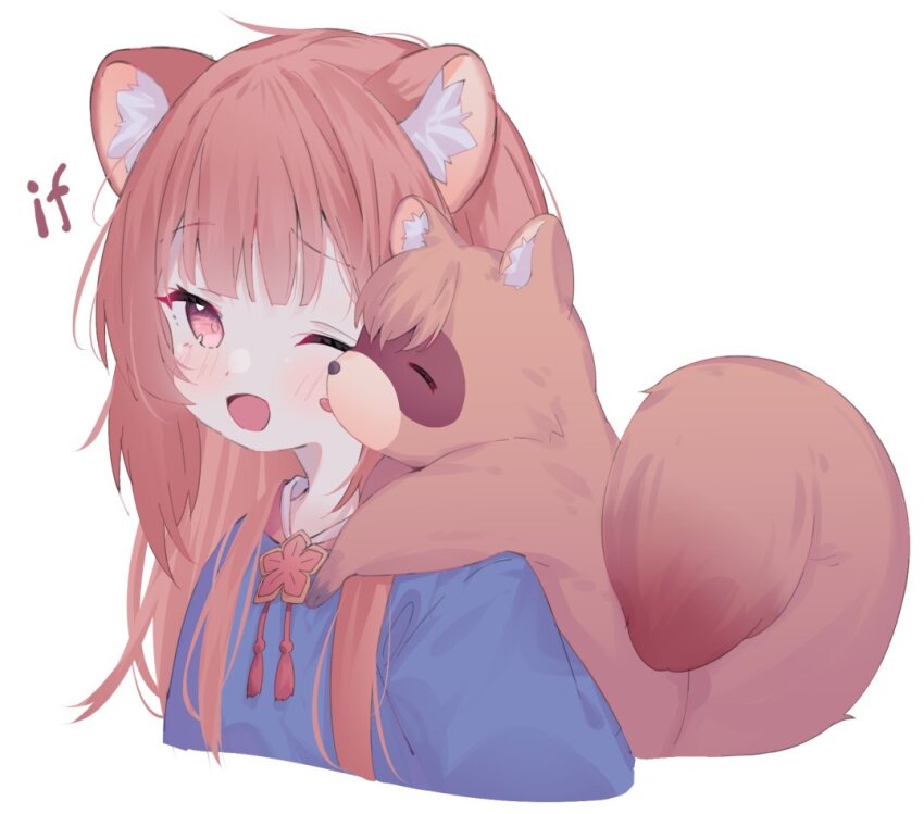 1girl, ;d, animal, animal_ear_fluff, animal_ears, blue_shirt, blush, brown_hair