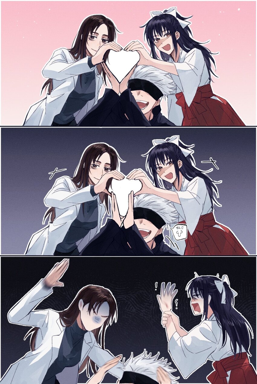 1boy, 2girls, angry, black_background, black_hair, blindfold, breasts, brown_eyes, brown_hair, disgust, gojo_satoru, grey_background, heart, heart_hands, highres, ieiri_shoko, iori_utahime, japanese_clothes, jujutsu_kaisen, lab_coat, long_hair, matchi_(ginger.8), medium_breasts, meme, mole, mole_under_eye, multiple_girls, open_mouth, penis_hands, pink_background, prank, scar, scar_on_face, smile, tagme, white_hair