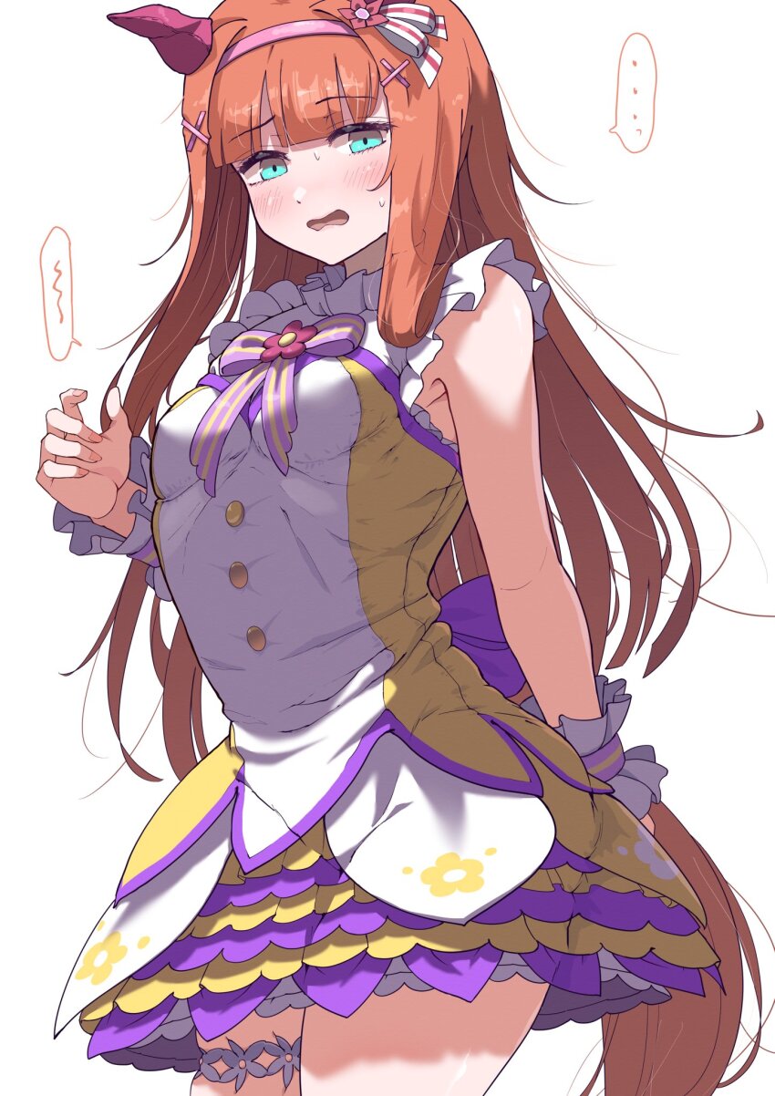 ..., 1girl, alternate_costume, animal_ears, blue_eyes, blunt_bangs, blush, breasts, commentary_request, cosplay, hair_ornament, headband, highres, horse_ears, horse_tail, itosu200, nishino_flower_(tiered_petal)_(umamusume), nishino_flower_(umamusume), nishino_flower_(umamusume)_(cosplay), ribbon, silence_suzuka_(umamusume), simple_background, sleeveless, small_breasts, solo, sweat, tail, umamusume, white_background, x_hair_ornament