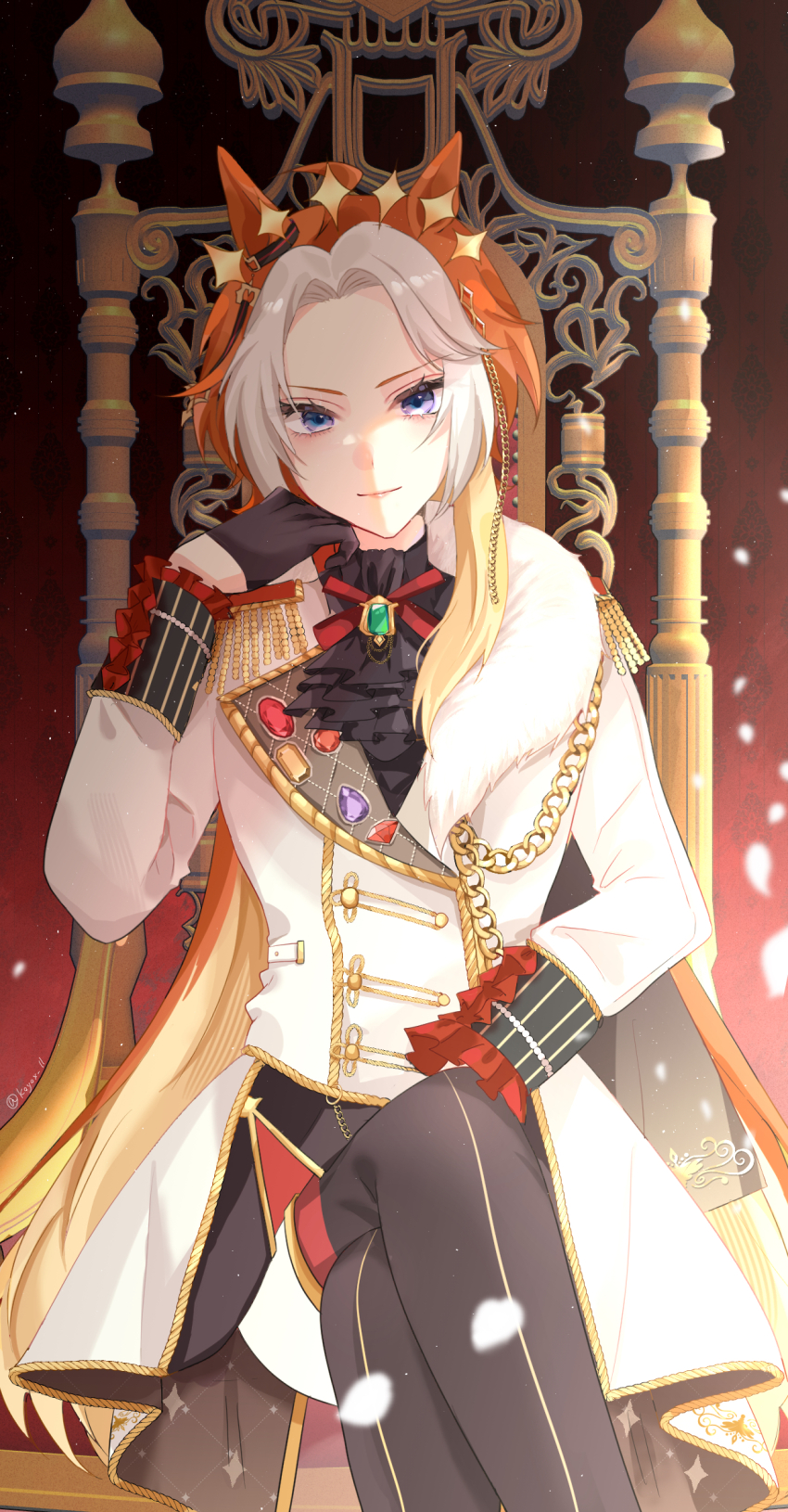 1girl, ahoge, animal_ears, ascot, black_ascot, black_gloves, black_thighhighs, breasts