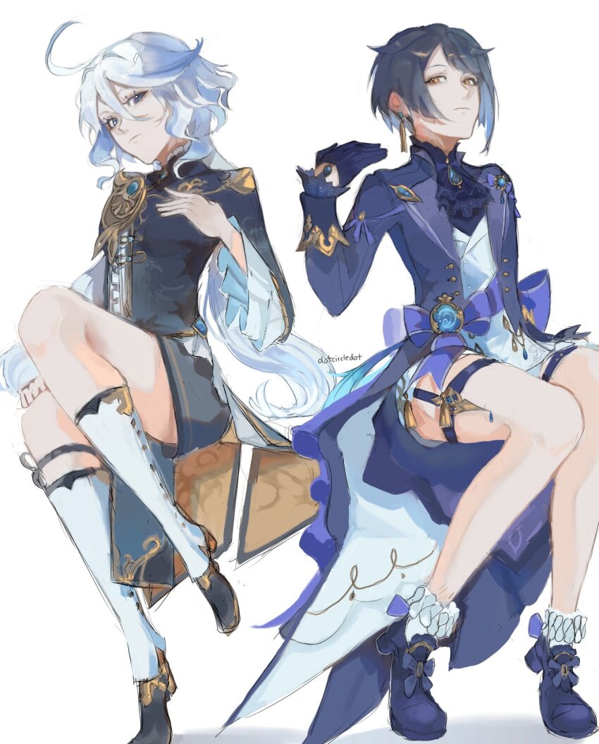 1boy, 1girl, ahoge, artist_name, ascot, asymmetrical_bangs, asymmetrical_gloves, black_gloves