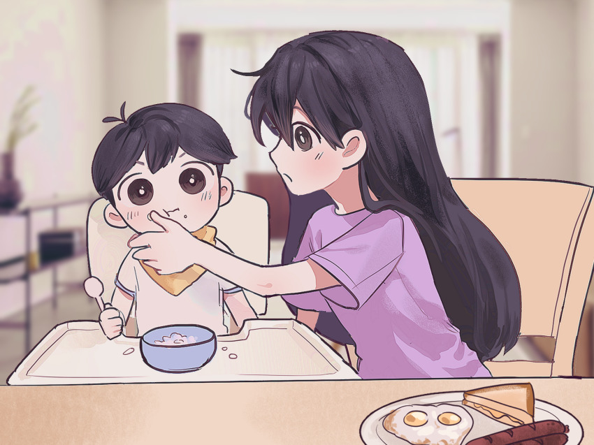 1boy, 1girl, :t, aged_down, arm_at_side, baby, bandana, black_eyes