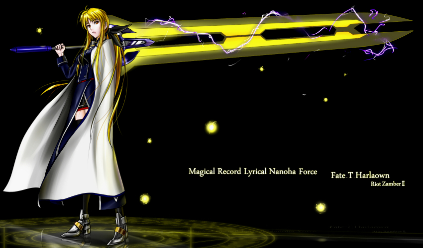 1girl, armored_shoes, bardiche_(nanoha), bardiche_(riot_zanber_ii)_(nanoha), black_background, blonde_hair, character_name, cloak