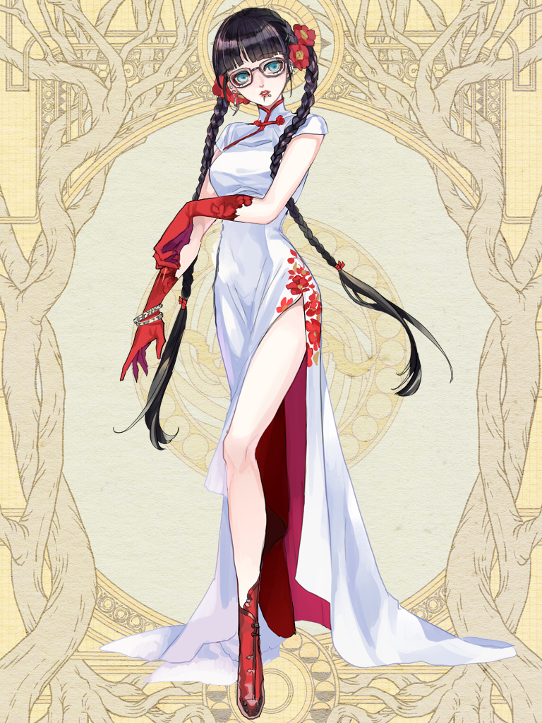 1girl, blue_eyes, braid, china_dress, chinese_clothes, dairoku_ryouhei, dress, ear_piercing