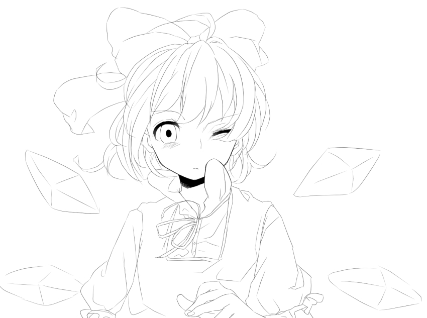 1girl, bad_id, bad_pixiv_id, bow, cirno, female_focus, greyscale, ha_no_hito_(izumi1019), hair_bow, izumi1019, lineart, monochrome, one_eye_closed, short_hair, solo, touhou, upper_body, wings, wink