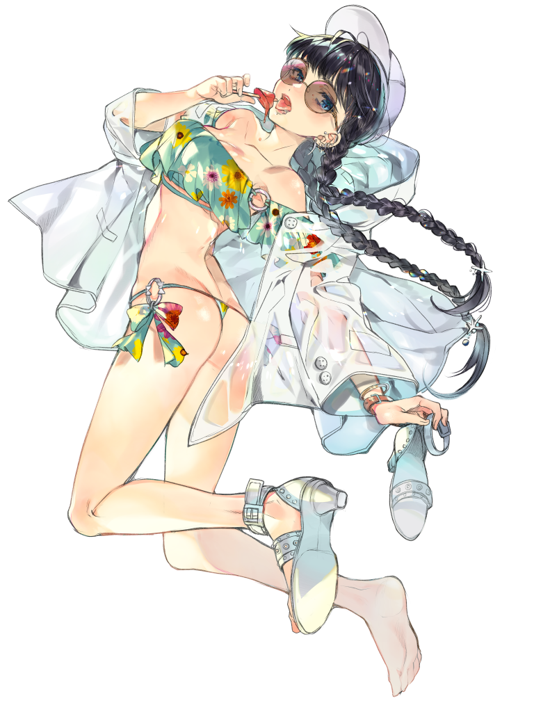 1girl, ass, bikini, black_hair, braid, breasts, dairoku_ryouhei, ear_piercing, eating, face_piercing, food, full_body, holding, holding_sandals, jacket, lip_piercing, long_hair, looking_at_viewer, medium_breasts, nezugayama_iru, piercing, popsicle, sandals, see-through_clothes, see-through_jacket, shoes, shz_108, single_shoe, swimsuit, transparent_background, twin_braids, twisted_torso, white_hair
