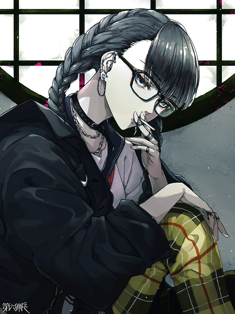 1girl, black_choker, black_jacket, blue_eyes, braid, choker, cigarette, copyright_name, dairoku_ryouhei, ear_piercing, face_piercing, glasses, grey_hair, indoors, jacket, jewelry, lip_piercing, long_hair, necklace, nezugayama_iru, pants, piercing, plaid_clothes, plaid_pants, ring, sitting, smoking, solo, turukame