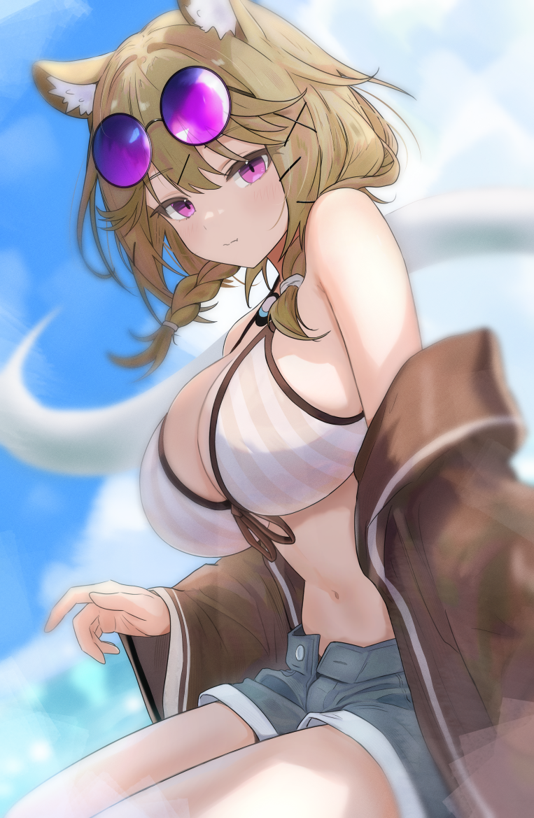 1girl, animal_ear_fluff, animal_ears, arknights, bare_shoulders, bikini, bikini_top_only, blue_sky