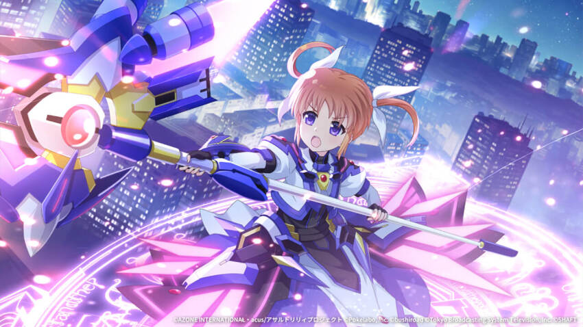 1girl, aiming, assault_lily, brown_hair, building, glowing, lyrical_nanoha, magic_circle