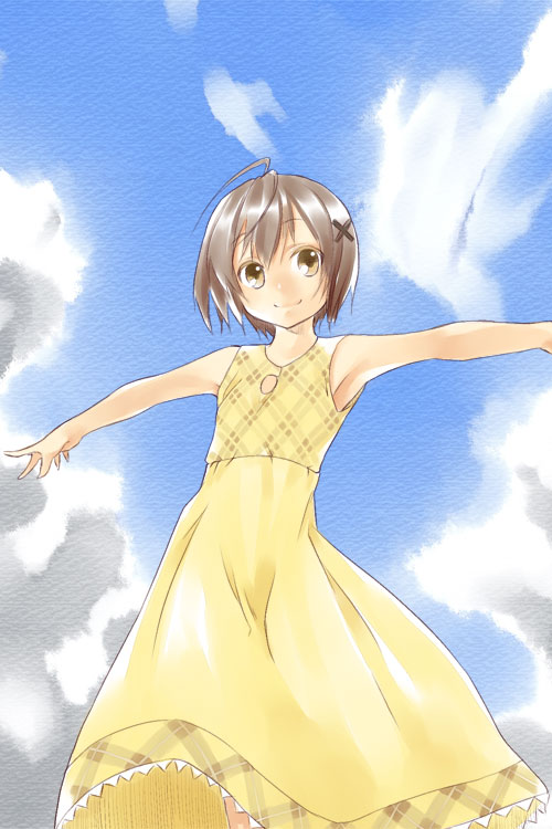 1girl, amatsume_akira, armpits, brown_eyes, brown_hair, female_focus, flat_chest, hair_ornament