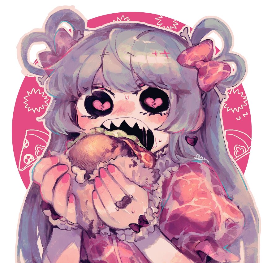 1girl, absurdres, ariyama_ariko, black_eyes, blush, bone_hair_ornament, border, broken_heart, burger, circle, commentary, dress, eating, food, frilled_wrist_cuffs, frills, grey_hair, hair_ornament, hair_rings, hands_up, heart, heart-shaped_pupils, highres, holding, holding_food, imminent_bite, long_hair, meat_print, open_mouth, original, outside_border, pink_background, pink_nails, pink_pupils, pizza, pizza_slice, print_dress, puffy_short_sleeves, puffy_sleeves, raised_eyebrows, raw_meat, saliva, sharp_teeth, short_eyebrows, short_sleeves, solo, sweat, untranslatable_commentary, symbol-shaped_pupils, teeth, upper_body, white_border, wide-eyed, wrist_cuffs