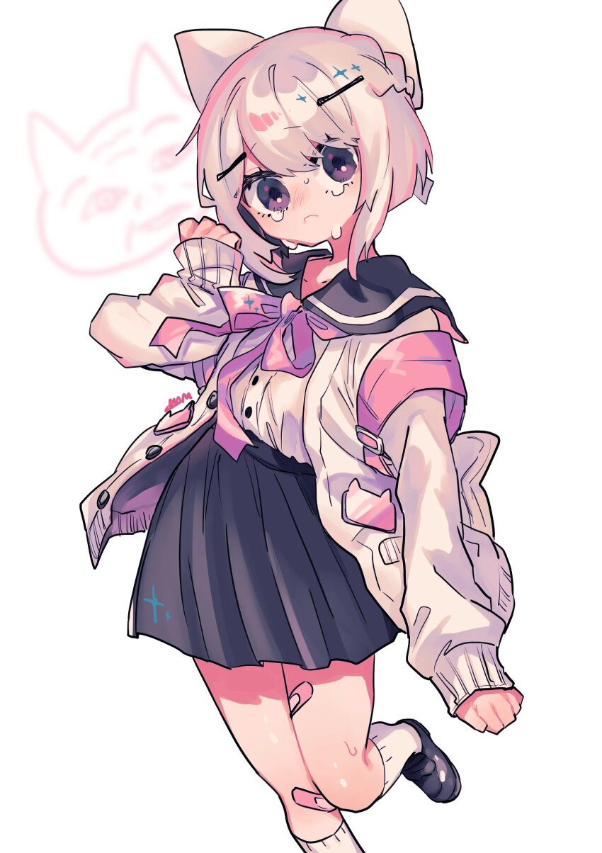 1boy, 1girl, ariyama_ariko, arm_at_side, backpack, bag, bandaid, bandaid_on_leg, black_eyes, black_sailor_collar, black_skirt, blurry, blurry_background, bow, braid, cardigan, closed_mouth, crying, crying_with_eyes_open, finder_oji-san, foot_out_of_frame, frown, hair_bow, hair_ornament, hairclip, half_up_braid, hand_up, highres, indie_virtual_youtuber, long_sleeves, looking_at_viewer, neck_ribbon, open_cardigan, open_clothes, pink_ribbon, pleated_skirt, projected_inset, ribbon, sailor_collar, school_uniform, serafuku, shirt, shirt_tucked_in, short_hair, shoulder_strap, simple_background, skirt, sleeves_past_wrists, solo, solo_focus, standing, standing_on_one_leg, tears, uyuyu-chang, virtual_youtuber, white_background, white_bow, white_cardigan, white_shirt