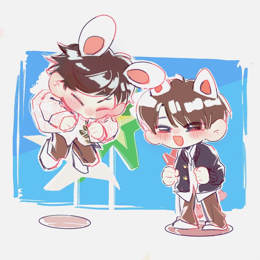 2boys, abe_ryouhei, animal_ears, blue_background, blue_jacket, blue_sleeves, blush, brown_eyes