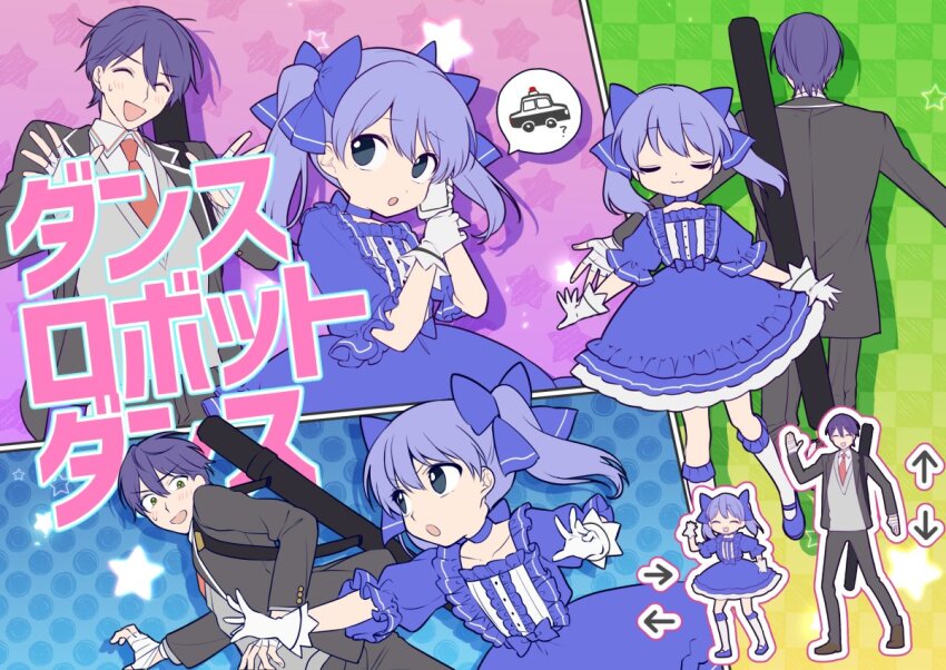 1boy, 1girl, back-to-back, bag, black_jacket, black_pants, blazer, blue_background