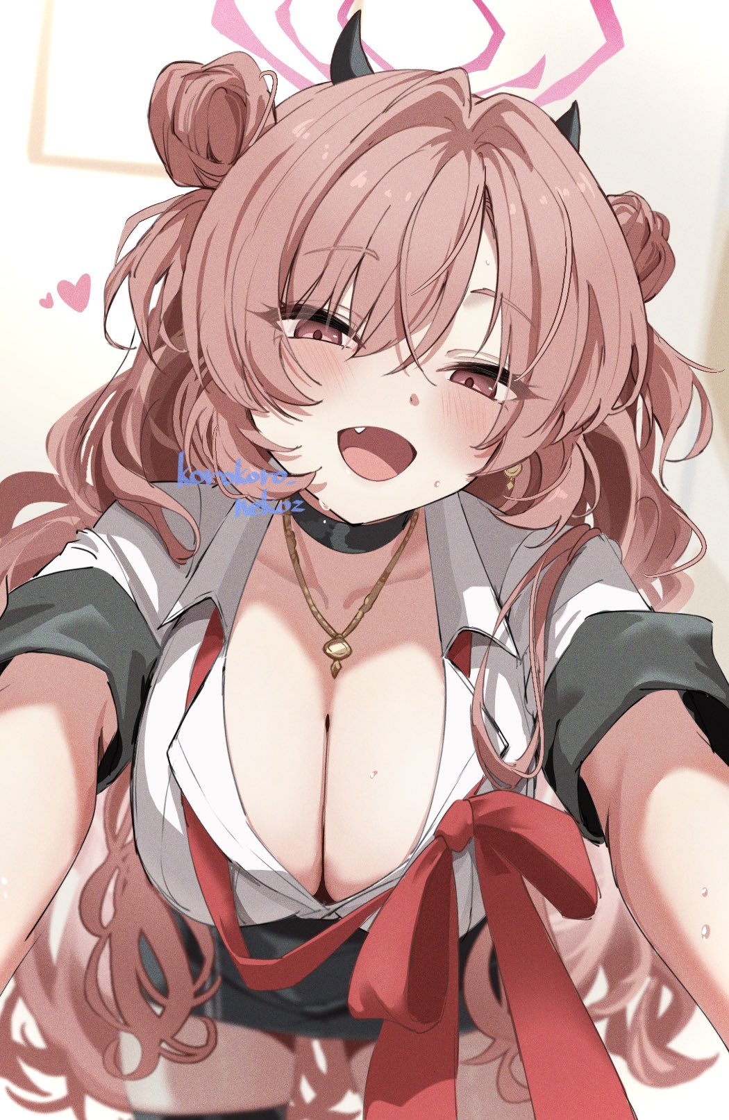 1girl, all_fours, black_choker, black_horns, blue_archive, blush, bow, bowtie