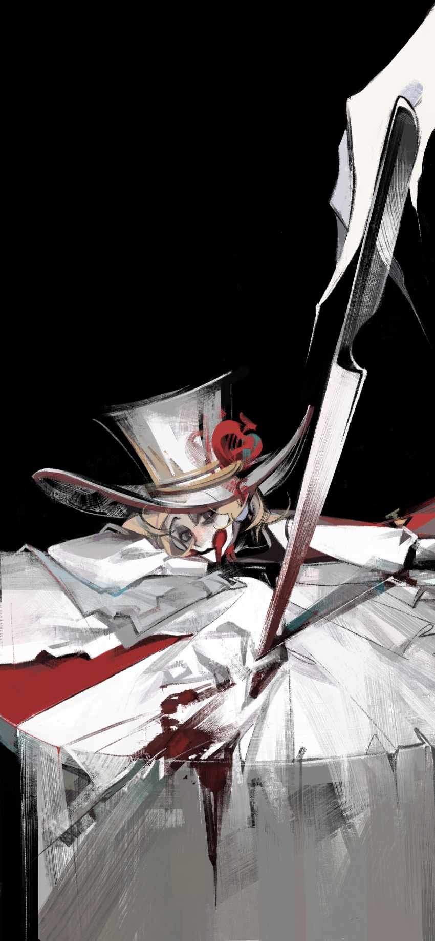 1boy, 2652893384, absurdres, apple, blush_stickers, demon_boy, food, fruit, hair_slicked_back, hat, hazbin_hotel, hellaverse, highres, knife, lucifer_morningstar_(hazbin_hotel), solo, surreal