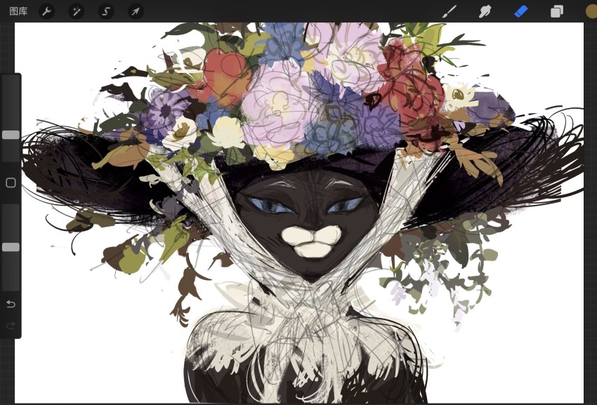 black_hat, blue_eyes, cat, flower, hat, highres, kitty_softpaws, looking_at_viewer