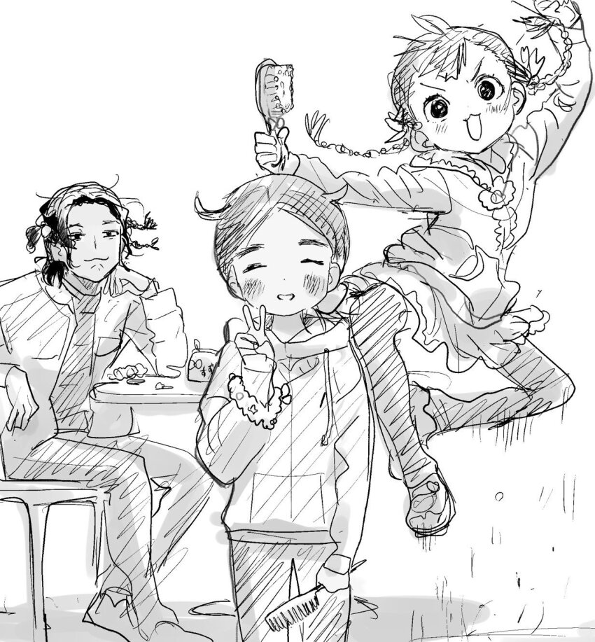 1boy, 2girls, closed_eyes, happy, highres, jakuzure_yudai, jumping, kamoto_suzu, medalist_(manga), multiple_girls, official_art, open_mouth, smile, tsuruma_ikada, v, yamato_ema