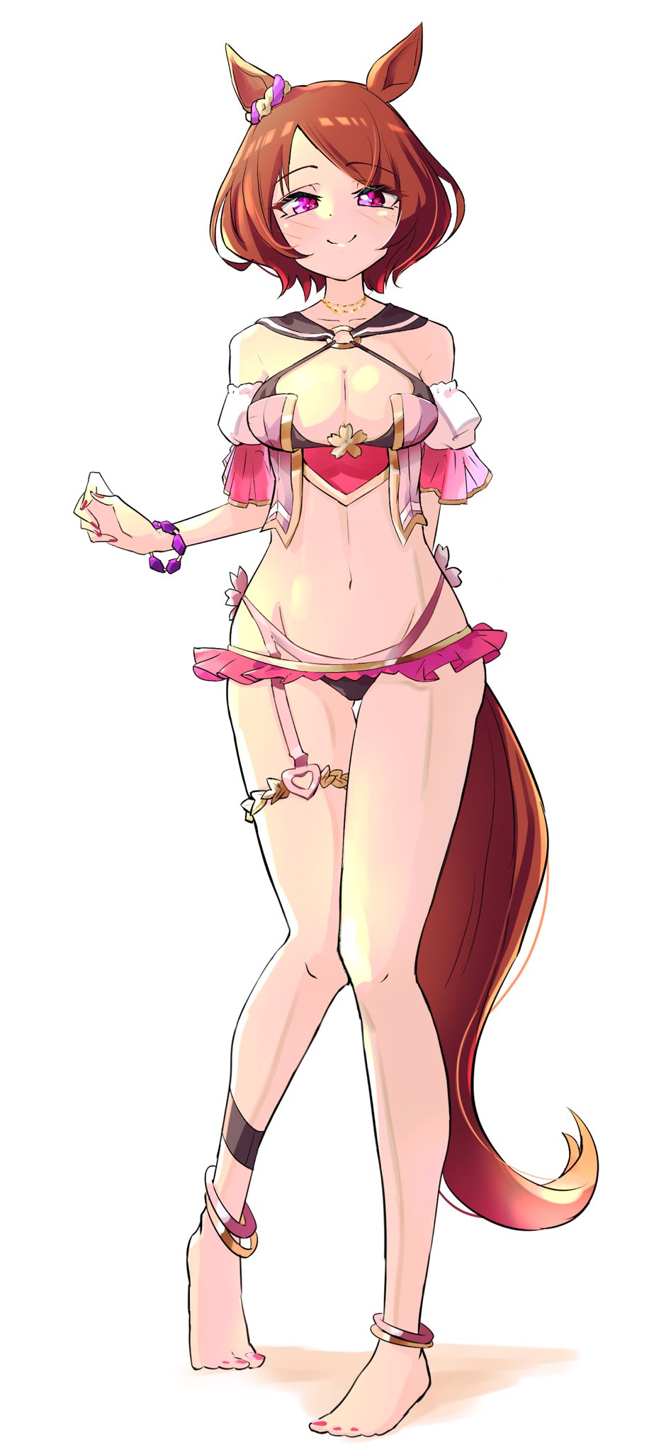 1girl, alternate_costume, animal_ears, barefoot, bikini, blush, breasts, cleavage