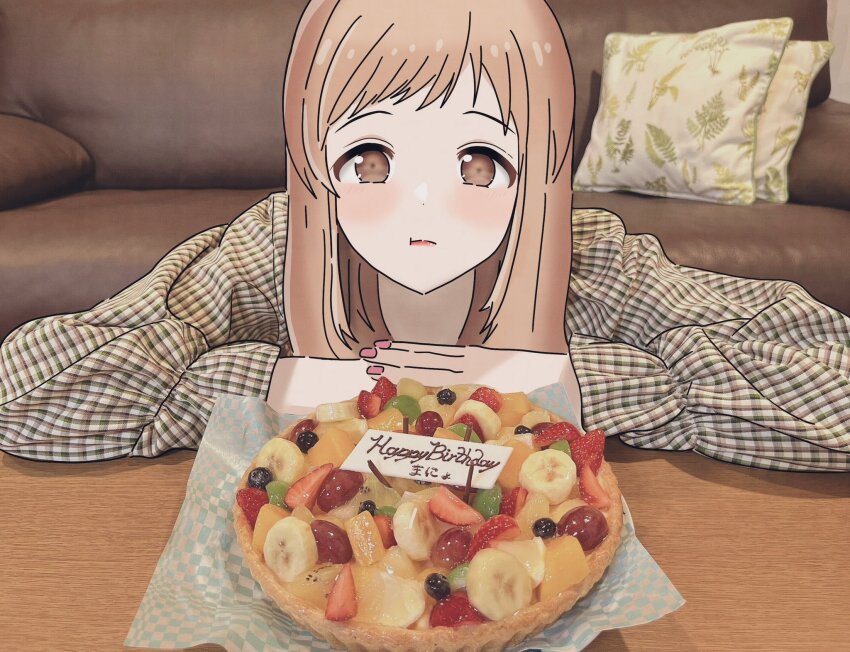 1girl, :t, arm_rest, blush, brown_hair, brown_shirt, fingernails, happy_birthday, highres, idolmaster, idolmaster_shiny_colors, indoors, long_sleeves, looking_at_viewer, moyamoyashiz02, nail_polish, own_hands_together, photo-referenced, photo_background, sakuragi_mano, sekine_hitomi, shirt, solo, unmoving_pattern, voice_actor_connection