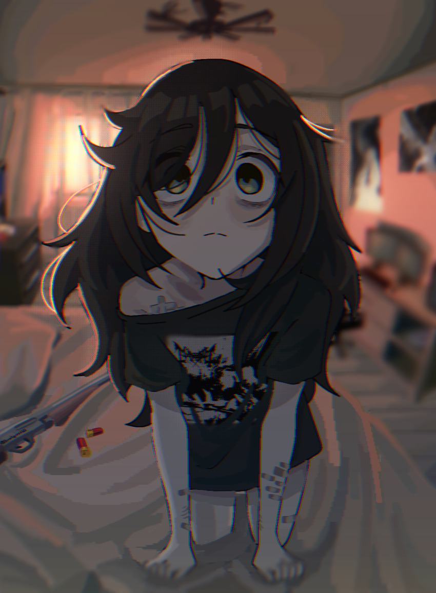 1girl, absurdres, ai-assisted, all_fours, backlighting, bags_under_eyes, band_shirt, bandaid