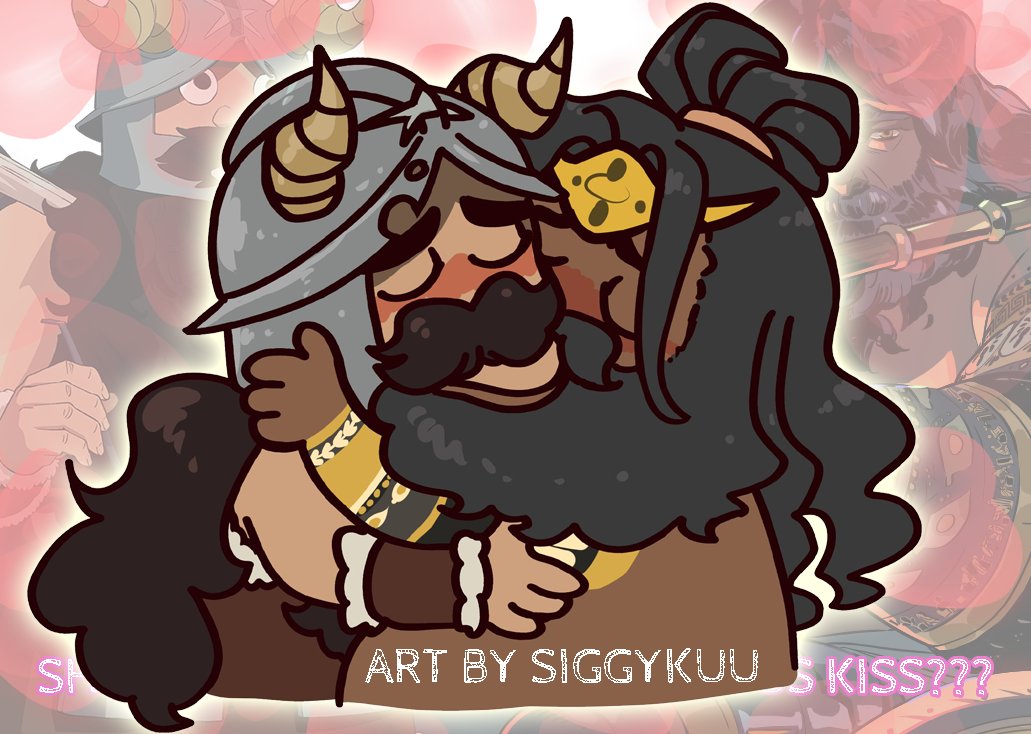 2boys, bara, beard, belly, blush, chibi, closed_eyes, crossover, dark_skin, dungeon_meshi, dwarf, facial_hair, fake_horns, french_kiss, from_side, hades_(series), hades_2, heart, heart_background, helmet, hephaestus_(hades), horned_helmet, horns, kiss, long_beard, long_hair, male_focus, meme, multiple_boys, yoshi_and_toad_kissing_(meme), mustache, reference_inset, second-party_source, senshi_(dungeon_meshi), siggykuu, thick_mustache, trait_connection, u_u, very_dark_skin, very_long_beard, very_long_hair, watermark, yaoi