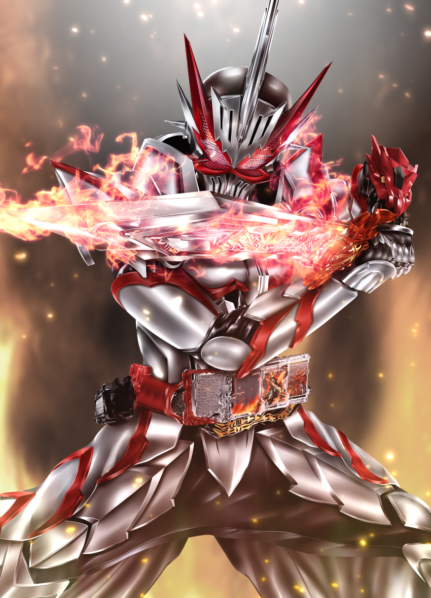 1boy, absurdres, armor, belt, elbow_spikes, fake_horns, fighting_stance, fire