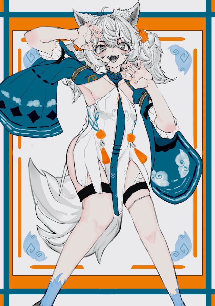 1girl, ahoge, animal_ears, blue_sleeves, china_dress, chinese_clothes, cross-shaped_pupils, dress