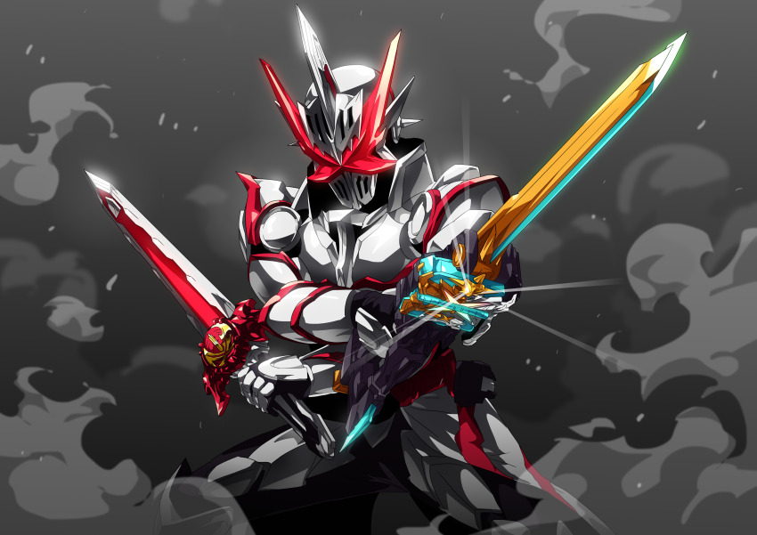 1boy, absurdres, armor, asymmetrical_dual_wielding, belt, cowboy_shot, dual_wielding, elbow_spikes, fake_horns, fighting_stance, gauntlets, helmet, highres, holding, holding_sword, holding_weapon, horned_helmet, horns, kaenken_rekka, kamen_rider, kamen_rider_saber, kamen_rider_saber_(series), kamen_rider_saber_draconic_knight, kamen_rider_saikou, kougouken_saikou, male_focus, otokamu, red_eyes, shoulder_armor, shoulder_spikes, single_horn, solo, spiked_armor, spiked_gauntlets, spiked_helmet, spikes, standing, sword, tokusatsu, visor_(armor), weapon, white_armor