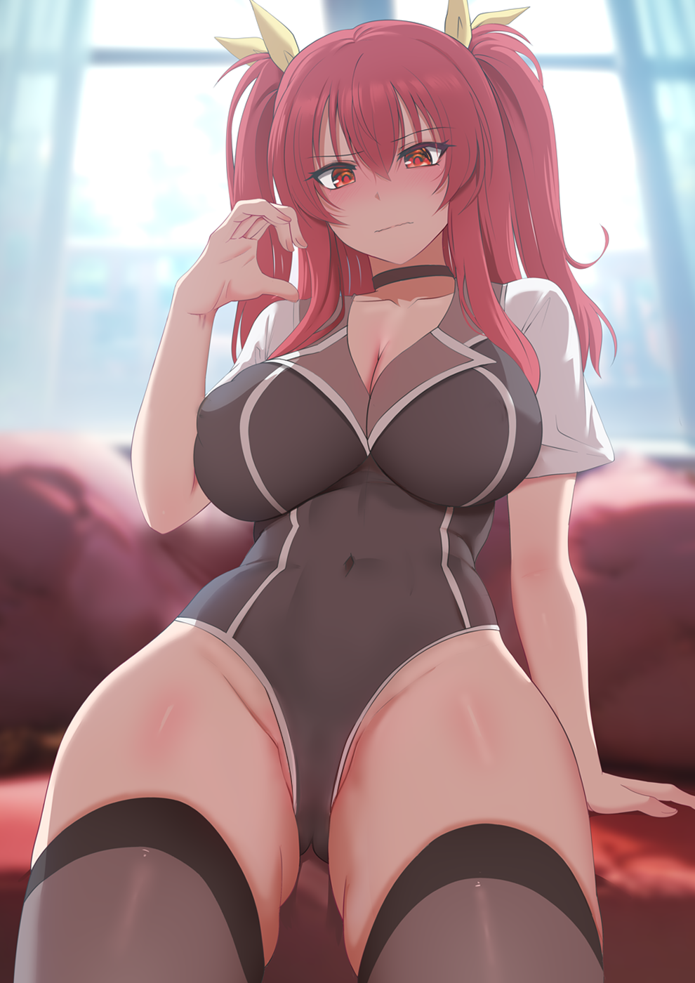 1girl, black_choker, black_thighhighs, breasts, choker, cleavage, commentary, covered_navel, ginhaha, hair_between_eyes, hair_ribbon, half-heart_hands, highleg, highres, large_breasts, long_hair, looking_at_viewer, rakudai_kishi_no_cavalry, red_eyes, red_hair, ribbon, short_sleeves, sitting, solo, stella_vermillion, thighhighs, two_side_up