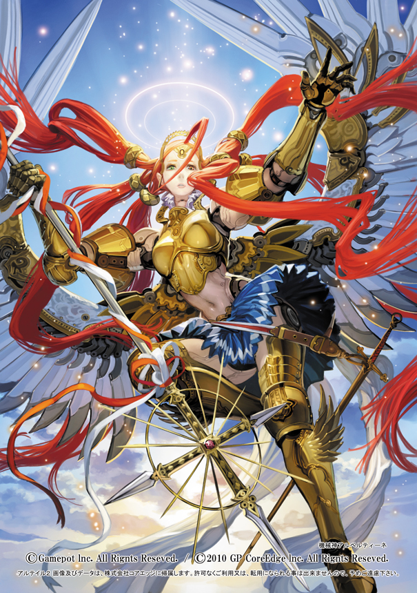 1girl, alteil, alteil_ii, female_focus, mecha, original, red_hair, robot, solo, staff, takayama_toshiaki, wings