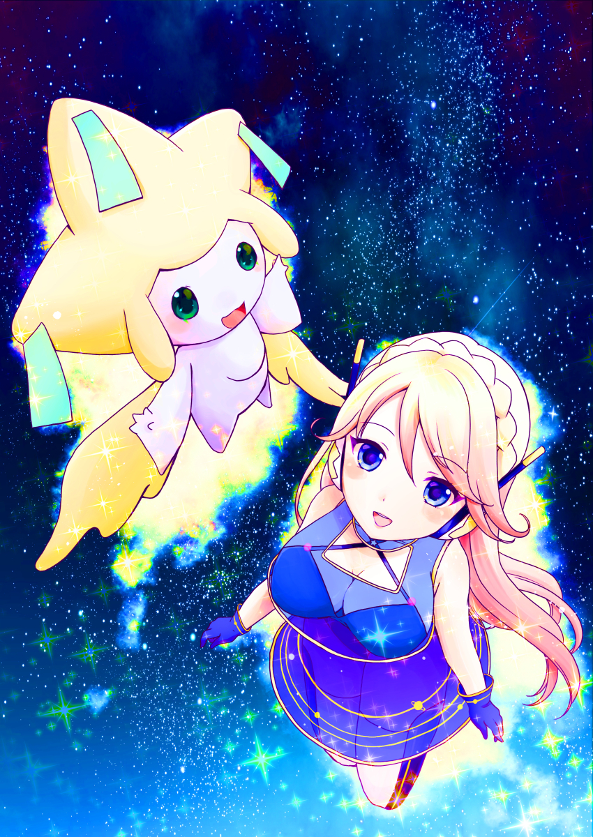 1girl, absurdres, blonde_hair, blue_leotard, breasts, cleavage, gen_3_pokemon, highres