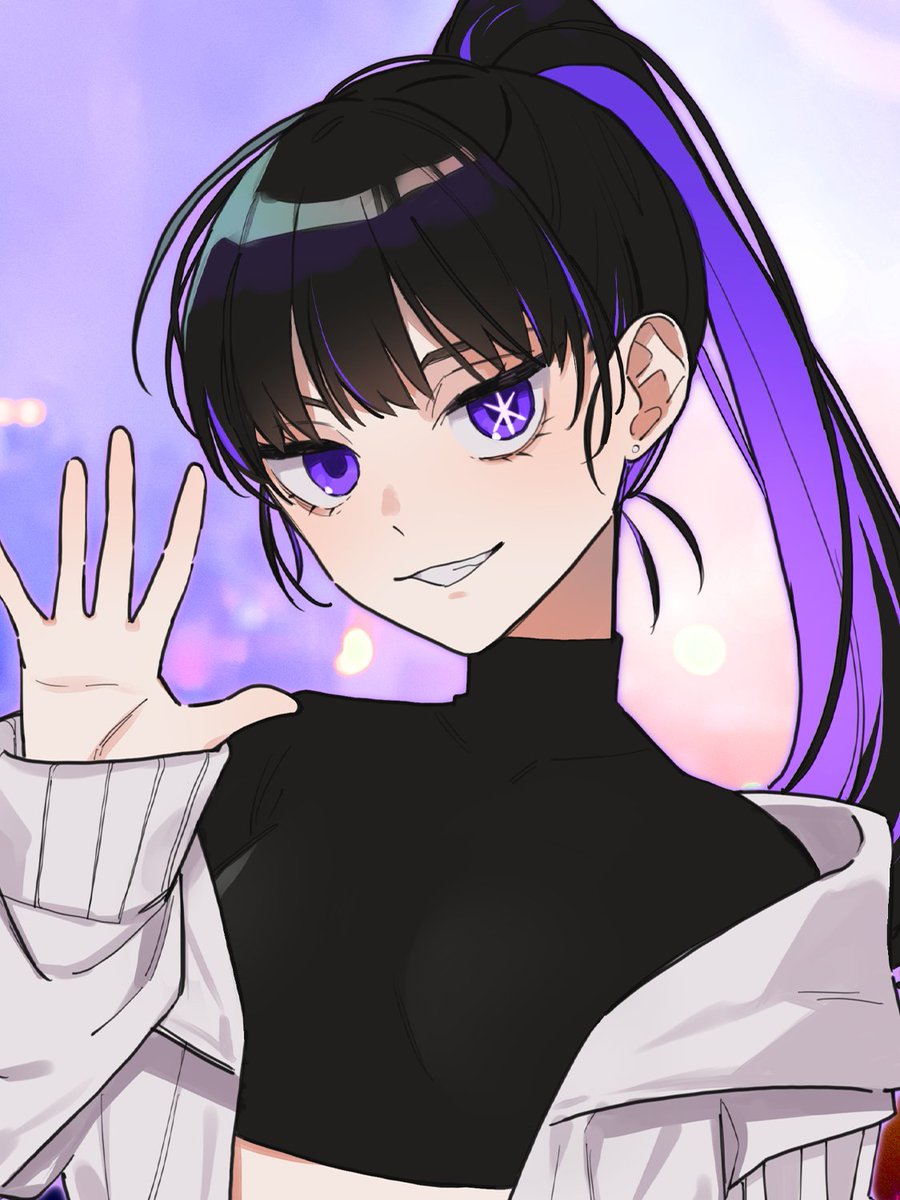 1girl, black_hair, breasts, clenched_teeth, cloud_nine_inc, colored_inner_hair, commentary, crop_top, earrings, hand_up, hashtag-only_commentary, highres, jacket, jewelry, lone_nape_hair, long_hair, long_sleeves, looking_at_viewer, medium_breasts, mismatched_pupils, multicolored_hair, off_shoulder, open_clothes, open_jacket, open_mouth, oshi_no_ko, ponytail, purple_background, purple_eyes, purple_hair, riseno, smile, solo, star-shaped_pupils, star_(symbol), stud_earrings, symbol-shaped_pupils, teeth, utaite, waving, white_jacket, yoshino_(utaite)