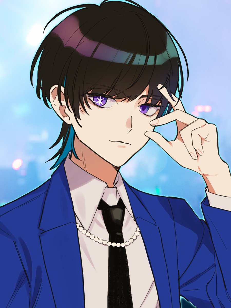 1boy, bead_necklace, beads, black_hair, blue_background, blue_hair, blue_jacket, closed_mouth