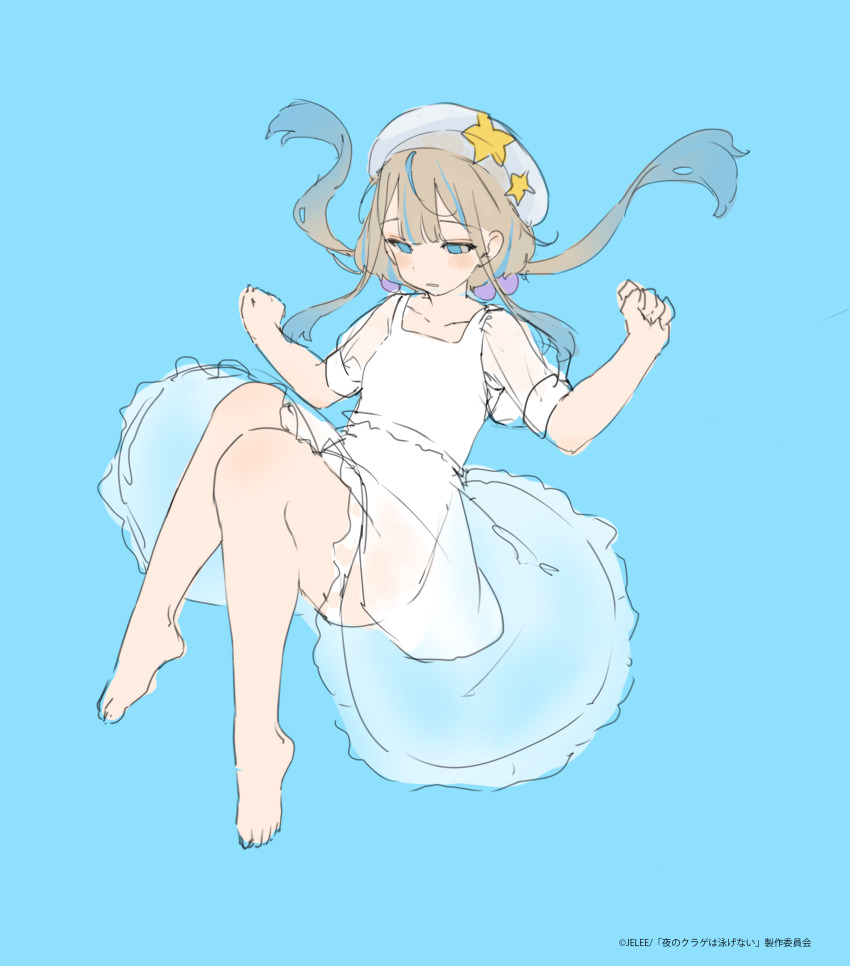 1girl, absurdres, barefoot, beret, blue_background, blue_eyes, blue_hair, blush