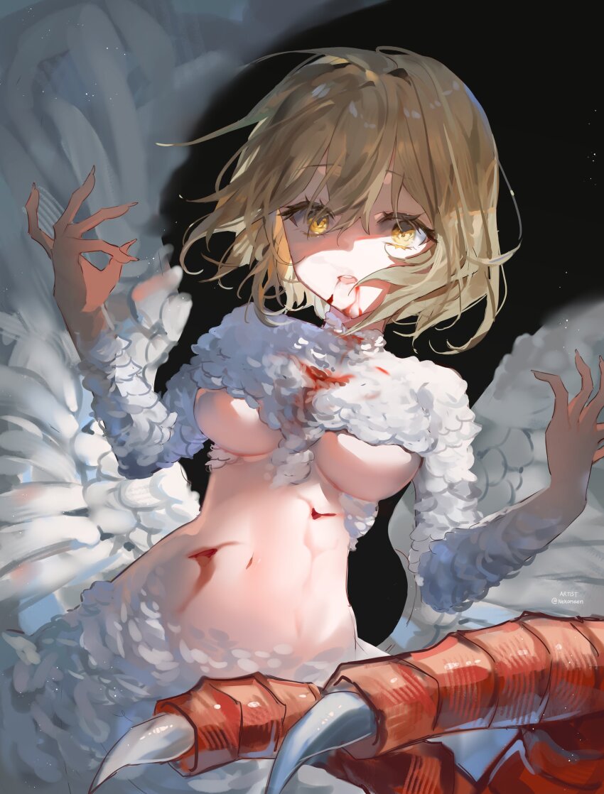 1girl, absurdres, blonde_hair, blood, crop_top, dungeon_meshi, falin_touden, falin_touden_(chimera)