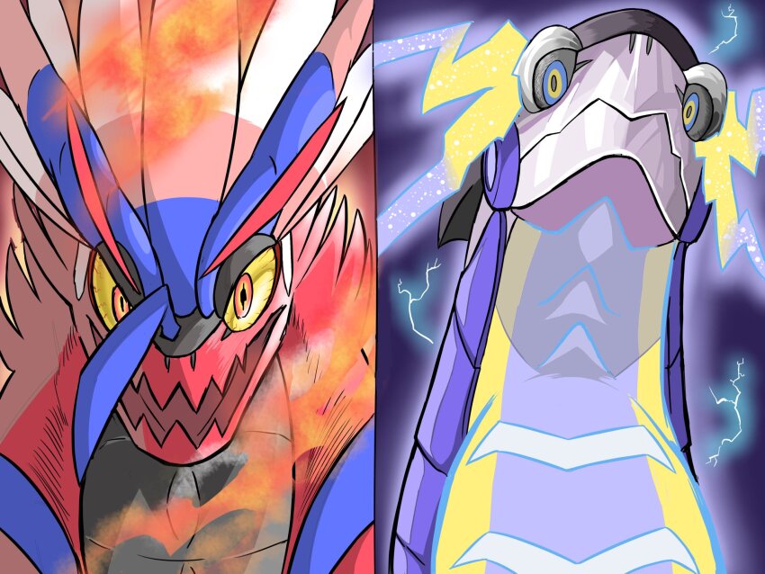 black_sclera, blue_eyes, closed_mouth, colored_sclera, colored_skin, dragon, electricity, feather_hair, fire, highres, koraidon, looking_at_viewer, miraidon, multicolored_eyes, nintendo, non-humanoid_robot, open_mouth, orange_eyes, pokemon, pokemon_(creature), red_skin, robot, robot_dragon, sharp_teeth, teeth, two-tone_eyes, upper_body, watashihae, yellow_eyes, yellow_sclera