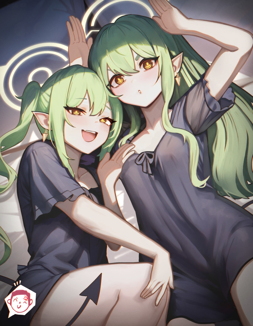 2girls, alternate_costume, arms_up, black_dress, blue_archive, breasts, commentary_request, demon_tail, doodle_sensei_(blue_archive), dress, earrings, fang, floating_earrings, green_hair, hair_between_eyes, halo, hand_up, highres, hikari_(blue_archive), jewelry, loli, long_hair, looking_at_viewer, lying, mellow_(srpp4843), multiple_girls, nozomi_(blue_archive), on_back, on_bed, open_mouth, pillow, pointy_ears, sensei_(blue_archive), short_sleeves, siblings, sisters, skin_fang, sleepwear, small_breasts, smirk, spoken_character, tail, teeth, tongue, twins, twintails, yellow_eyes, yellow_halo