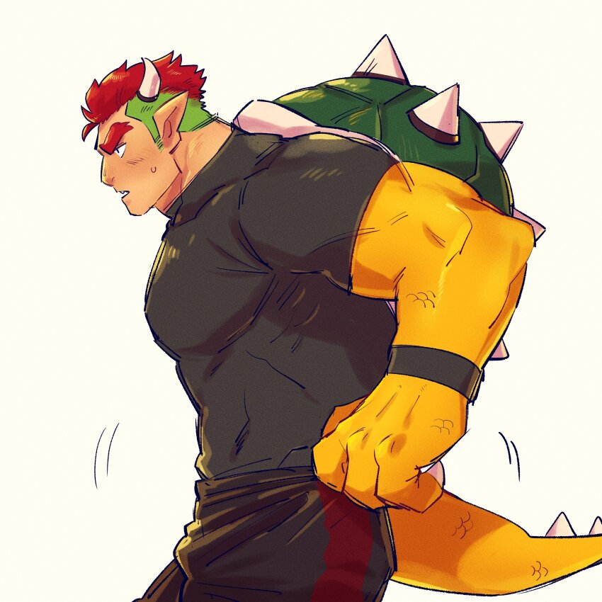 1boy, bara, black_pants, black_shirt, bowser, cowboy_shot, demon_horns, fang