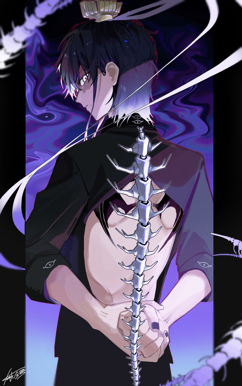 1boy, absurdres, back_tattoo, bare_back, blue_eyes, blue_hair, chinese_clothes, highres