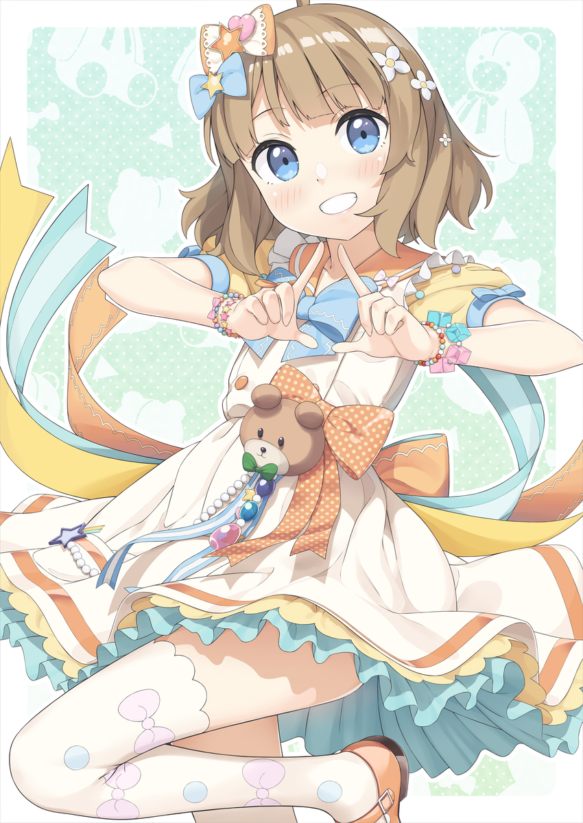 1girl, back_bow, blue_eyes, blush, bow, bracelet, brown_hair, commentary_request, dress, flower, hair_bow, hair_flower, hair_ornament, highres, idol_clothes, idolmaster, idolmaster_million_live!, idolmaster_million_live!_theater_days, jewelry, mary_janes, shoes, short_hair, short_sleeves, smile, solo, suou_momoko, suou_momoko_(fancy_a_la_mode), thighhighs, tsubure_manjuu, white_thighhighs